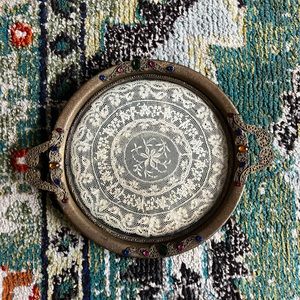 1920s Brass Jeweled Tray encased lace and footed